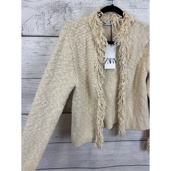 Zara Women's Ivory Knit Fringe Wool Blend Sweater Cardigan Size Small - Picture 4 of 11